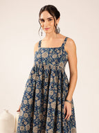 Midnight Bloom Cotton Floral Midi Dress for Women - Navy Blue