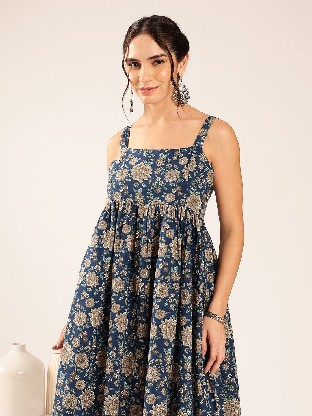 Midnight Bloom Cotton Floral Midi Dress for Women - Navy Blue