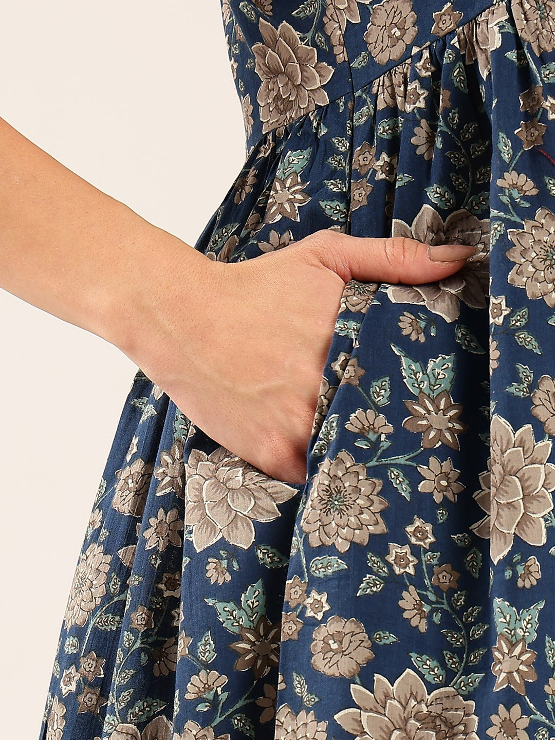 Midnight Bloom Cotton Floral Midi Dress for Women - Navy Blue