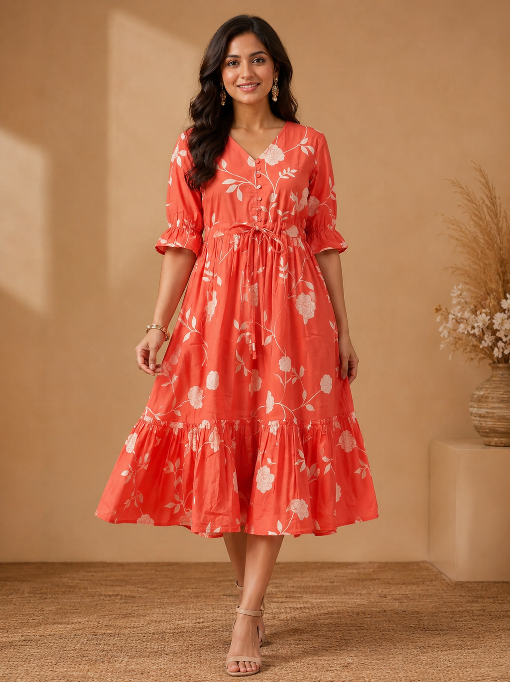 Orange Floral Cotton Middy Dress