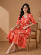 Orange Floral Cotton Middy Dress
