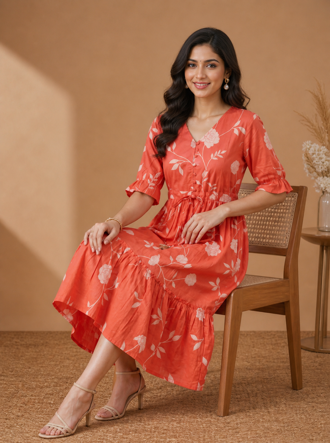 Orange Floral Cotton Middy Dress