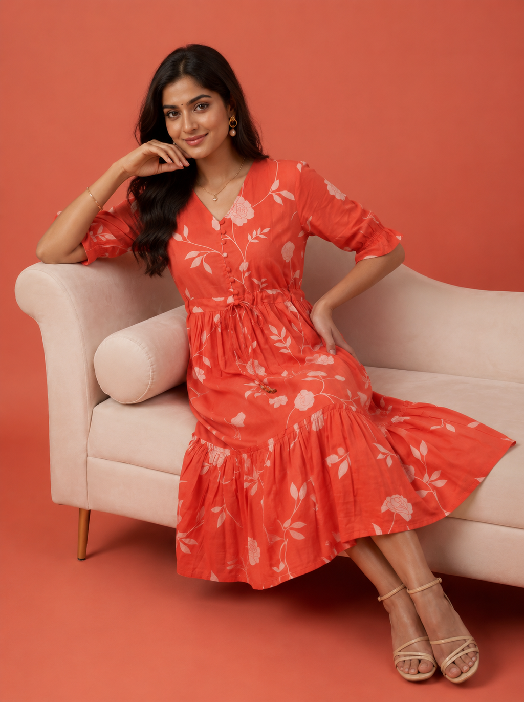 Orange Floral Cotton Middy Dress