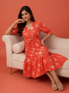 Orange Floral Cotton Middy Dress