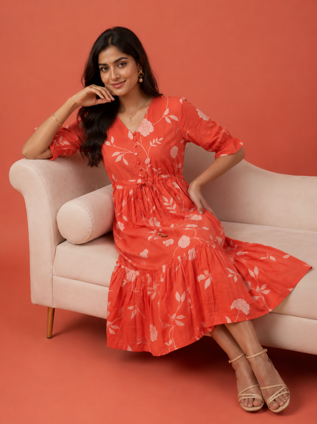 Orange Floral Cotton Middy Dress