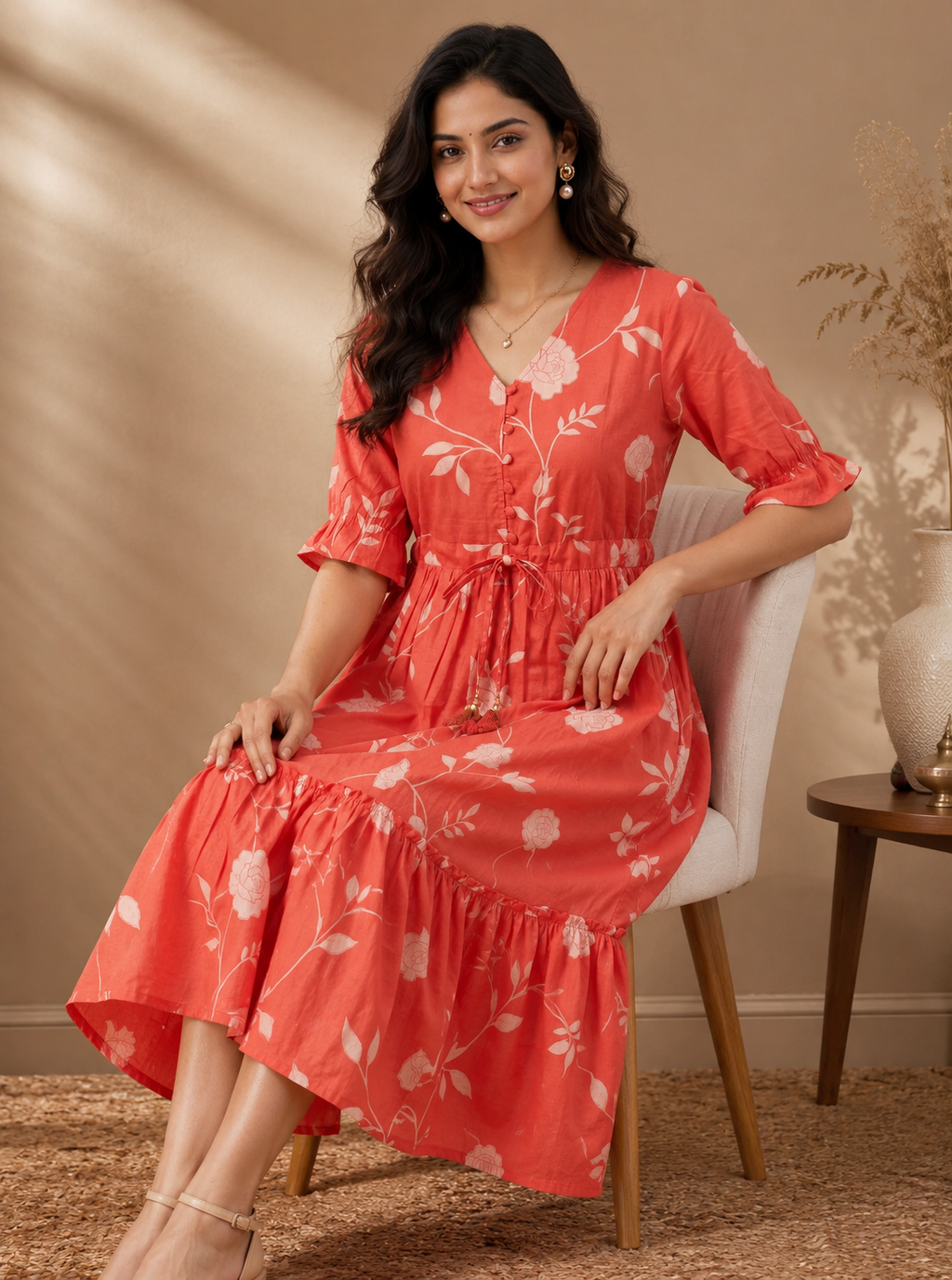 Orange Floral Cotton Middy Dress