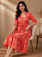 Orange Floral Cotton Middy Dress