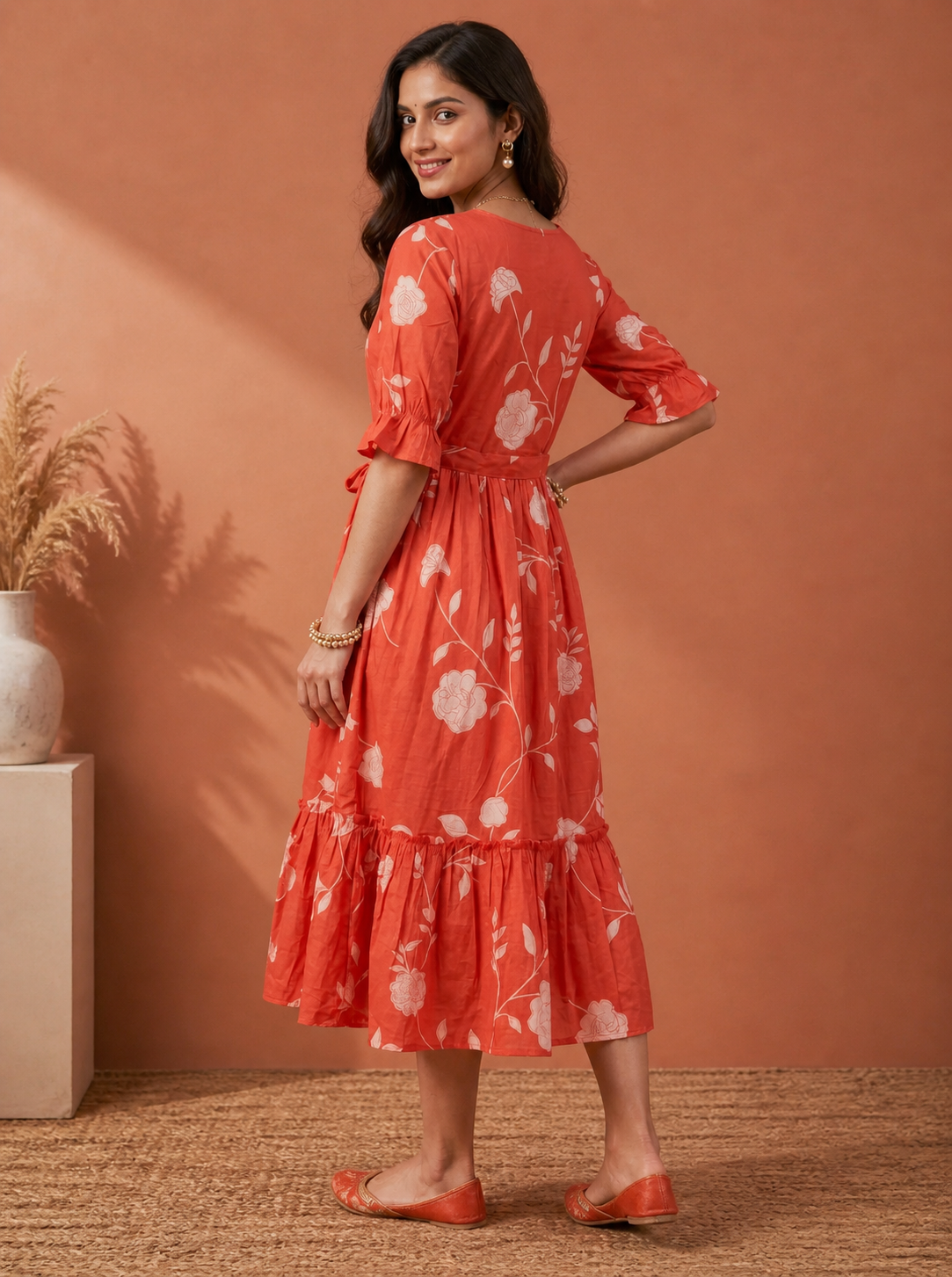 Orange Floral Cotton Middy Dress