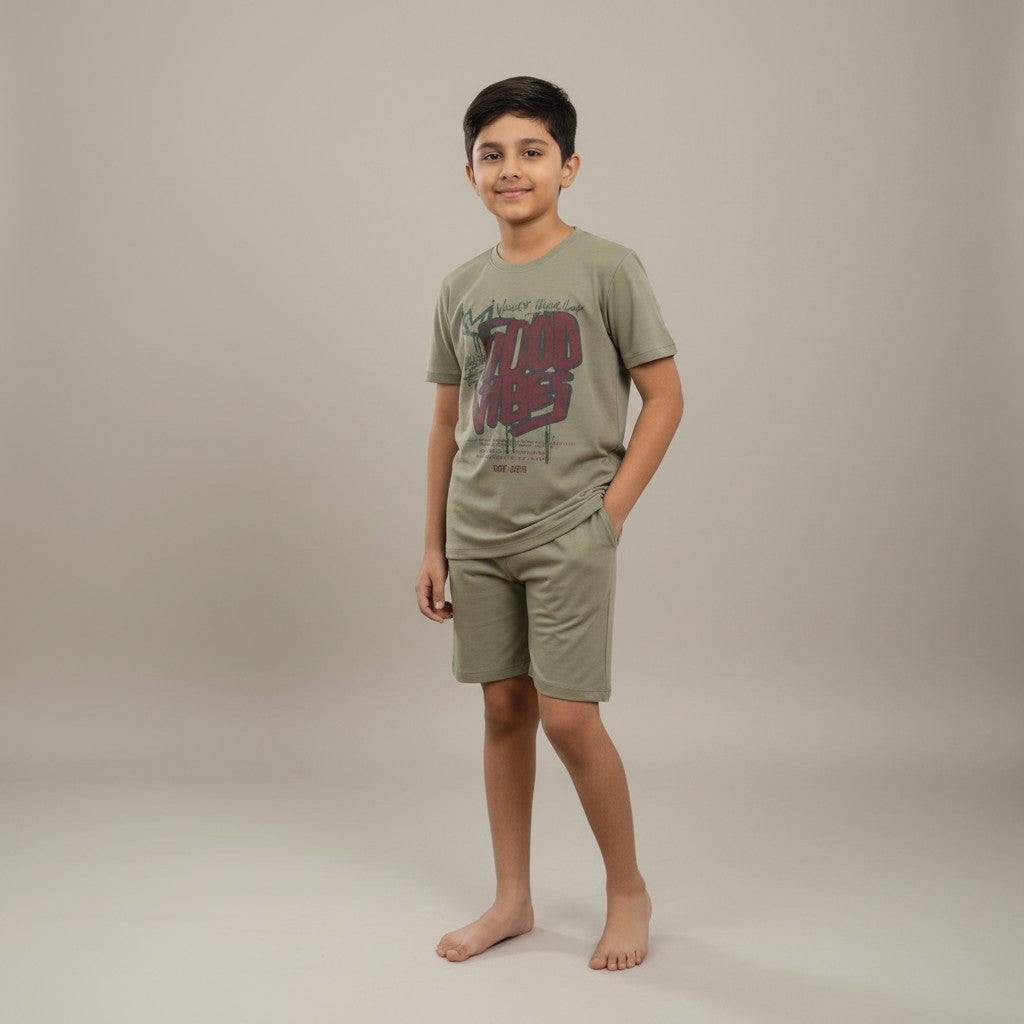 Boys Olive Green “Good Vibes” Printed Co-ord Set – T-Shirt & Shorts Set