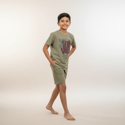 Boys Olive Green “Good Vibes” Printed Co-ord Set – T-Shirt & Shorts Set