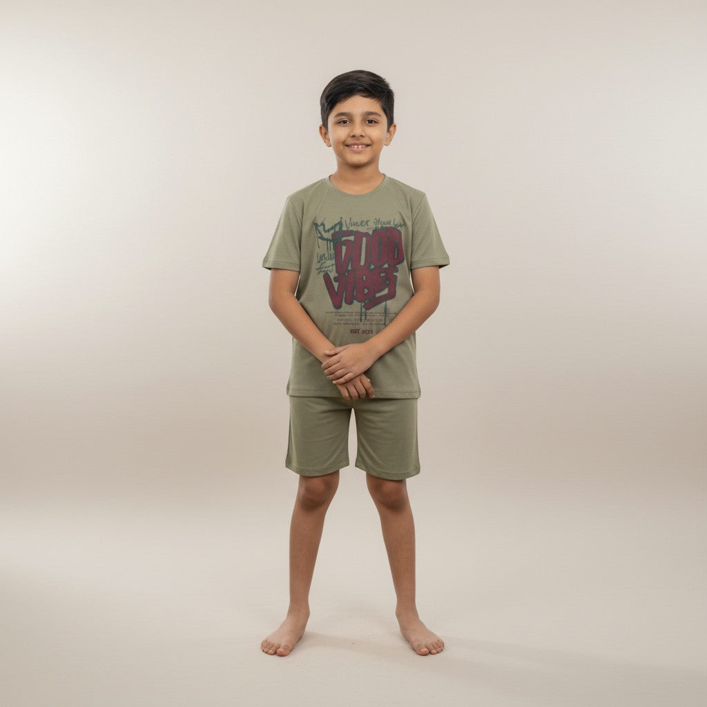 Boys Olive Green “Good Vibes” Printed Co-ord Set – T-Shirt & Shorts Set