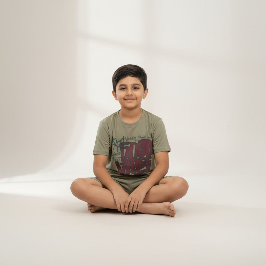 Boys Olive Green “Good Vibes” Printed Co-ord Set – T-Shirt & Shorts Set