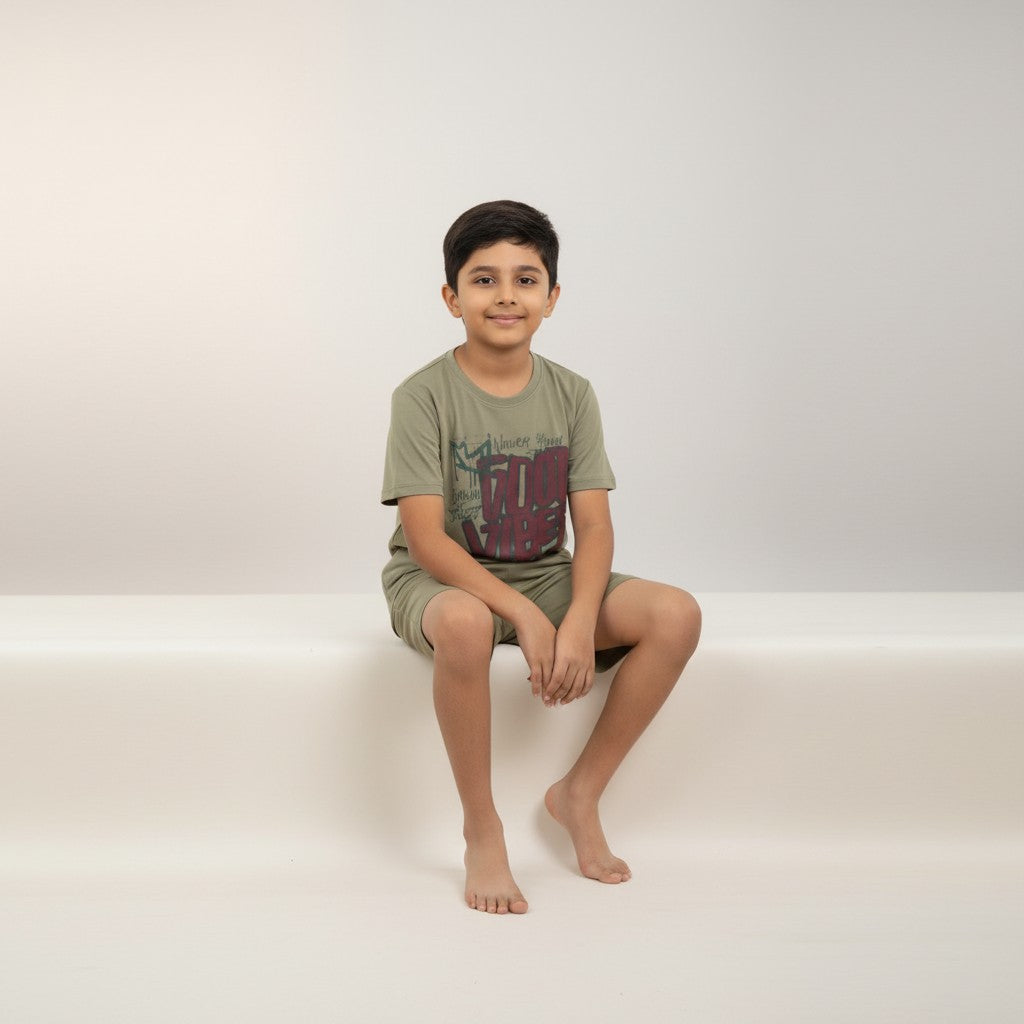Boys Olive Green “Good Vibes” Printed Co-ord Set – T-Shirt & Shorts Set