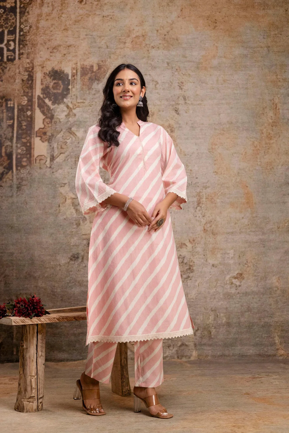 Blush Pink Striped Cotton Kurta Set for Women – Elegant Summer Co-Ord