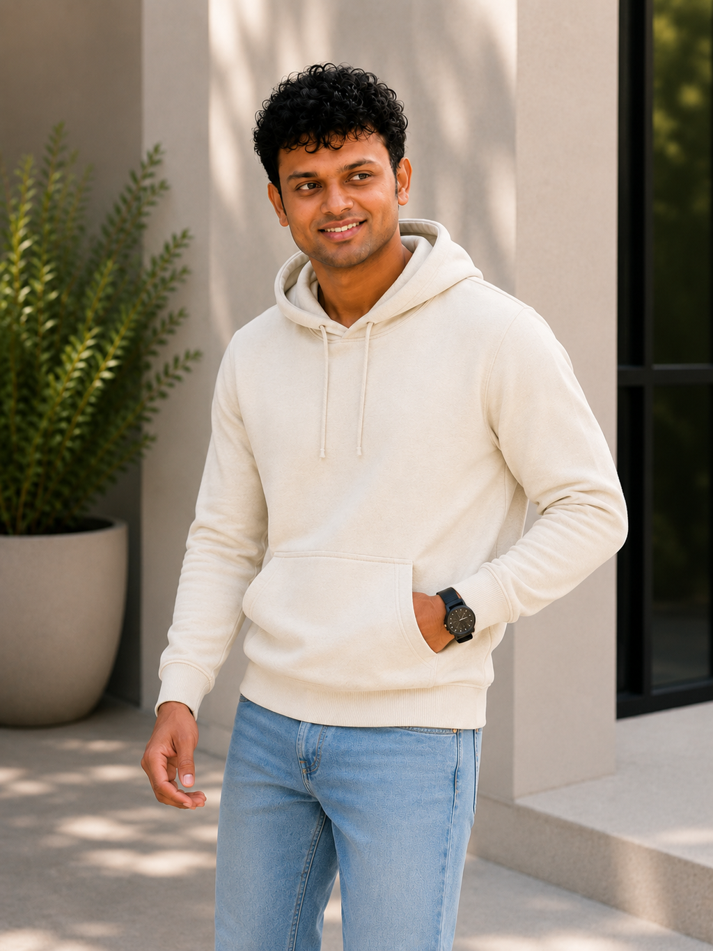 Man wearing a beige hoodie and blue jeans standing outdoors.