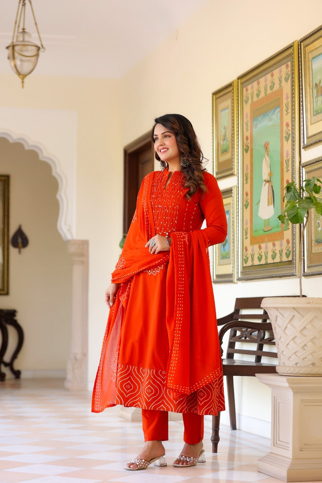 Vibrant Orange Cotton Kurta Pant Dupatta Set for Women