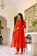 Vibrant Orange Cotton Kurta Pant Dupatta Set for Women