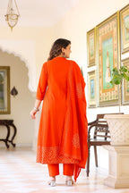 Vibrant Orange Cotton Kurta Pant Dupatta Set for Women