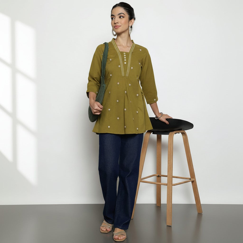 Women’s Olive Green Cotton Embroidered Short Top