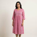 Women’s Pink Floral Cotton Kurti | V-Neck A-Line Kurta