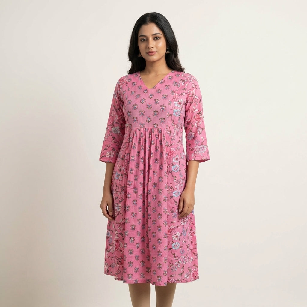 Women’s Pink Floral Cotton Kurti | V-Neck A-Line Kurta