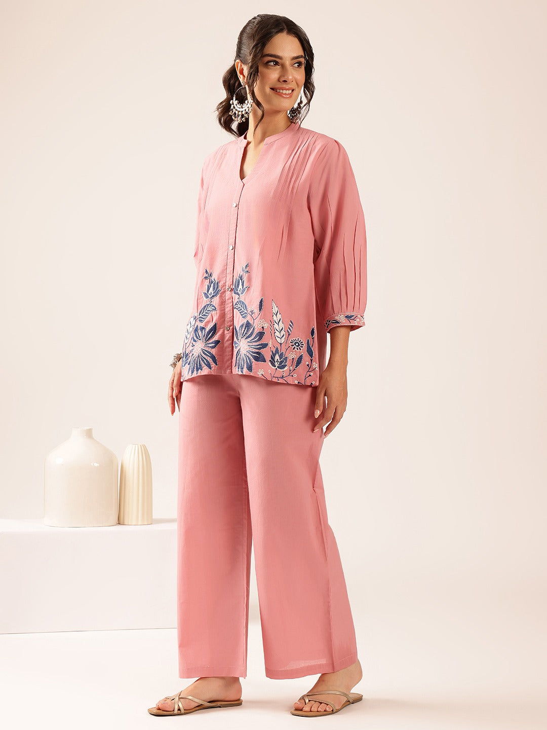 Women’s Blush Pink Floral Printed Co-Ord Set | Embroidered Top