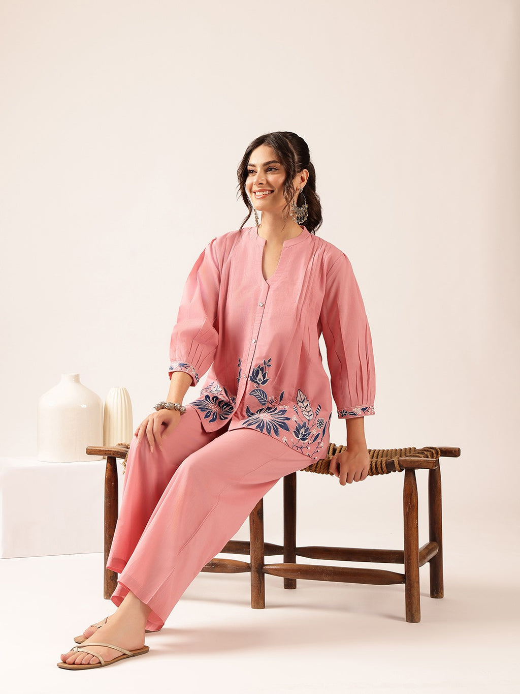 Women’s Blush Pink Floral Printed Co-Ord Set | Embroidered Top