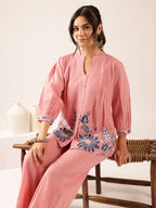 Women’s Blush Pink Floral Printed Co-Ord Set | Embroidered Top
