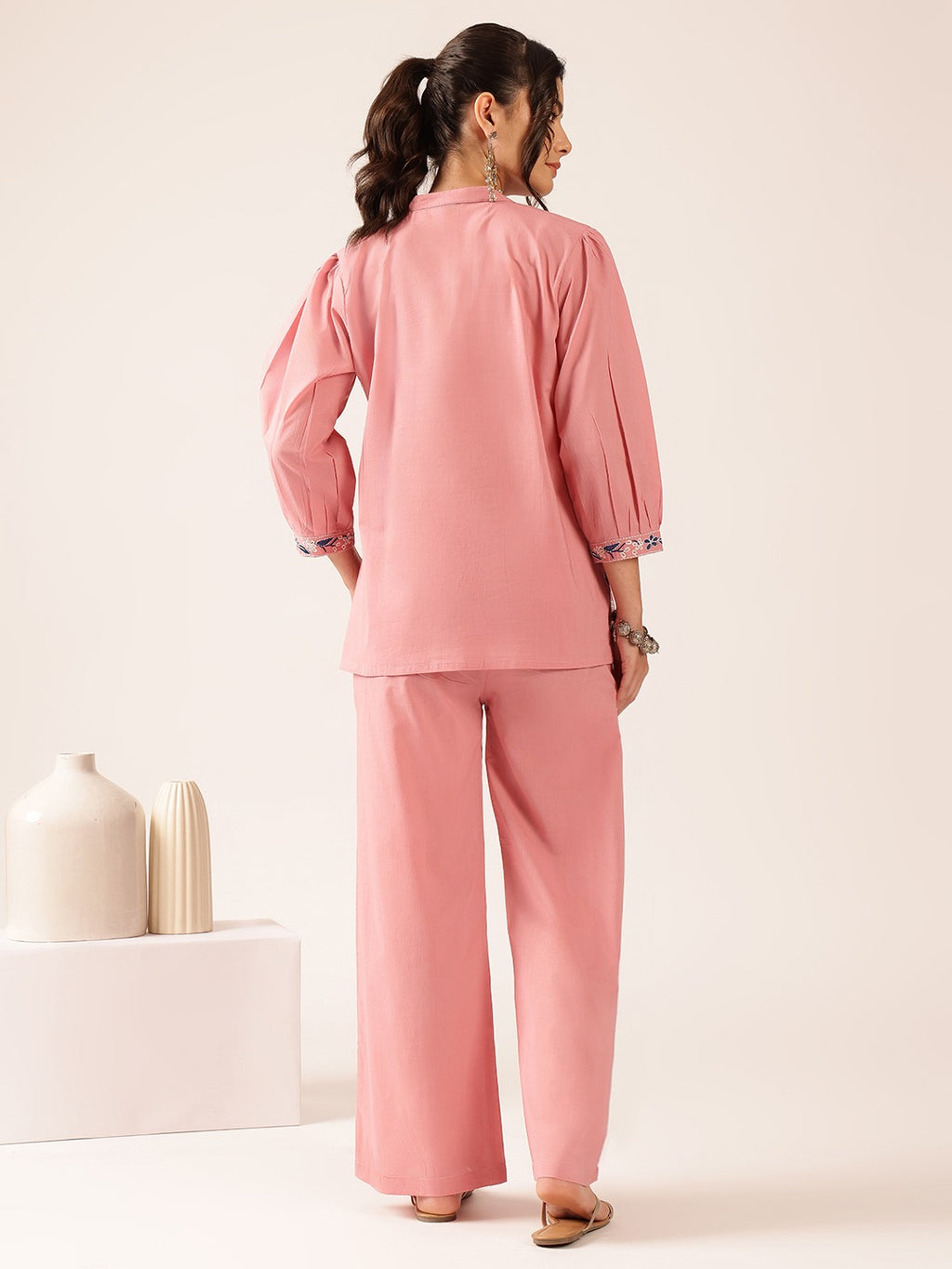 Women’s Blush Pink Floral Printed Co-Ord Set | Embroidered Top