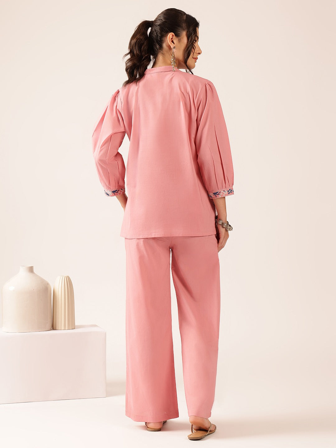 Women’s Blush Pink Floral Printed Co-Ord Set | Embroidered Top