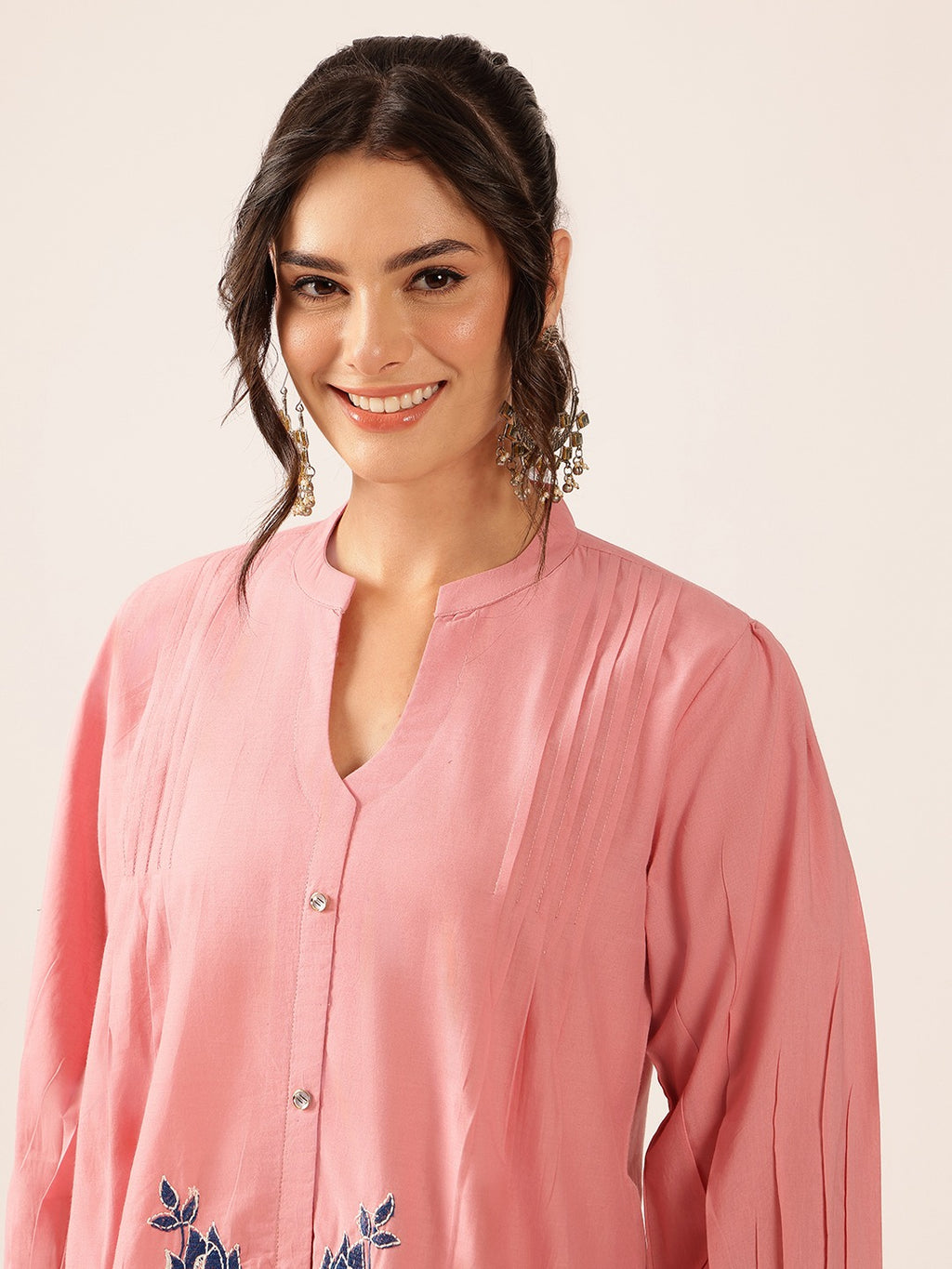 Women’s Blush Pink Floral Printed Co-Ord Set | Embroidered Top