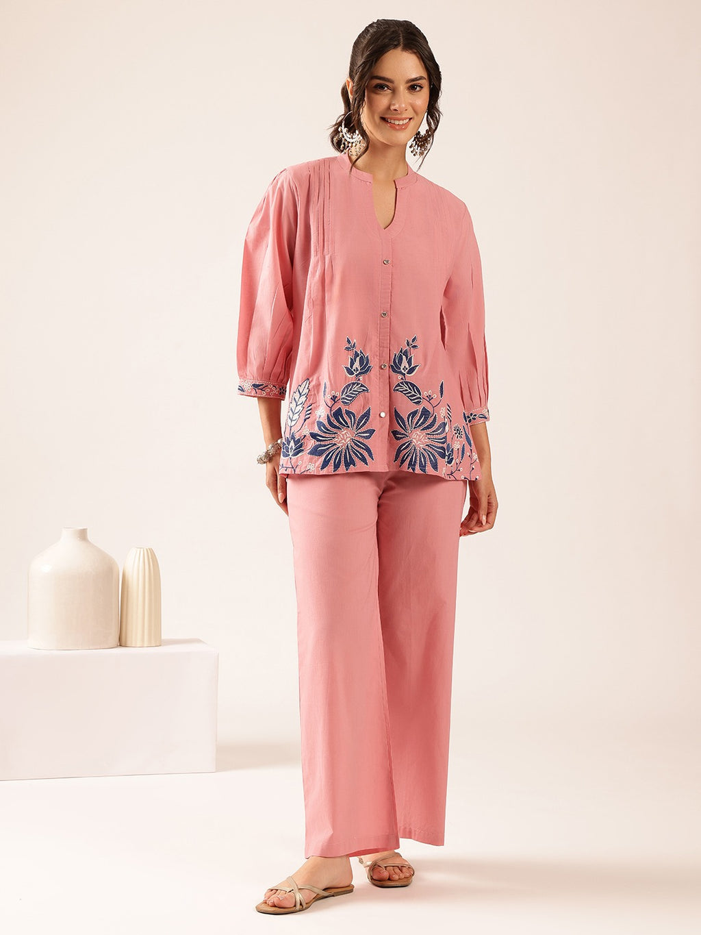 Women’s Blush Pink Floral Printed Co-Ord Set | Embroidered Top