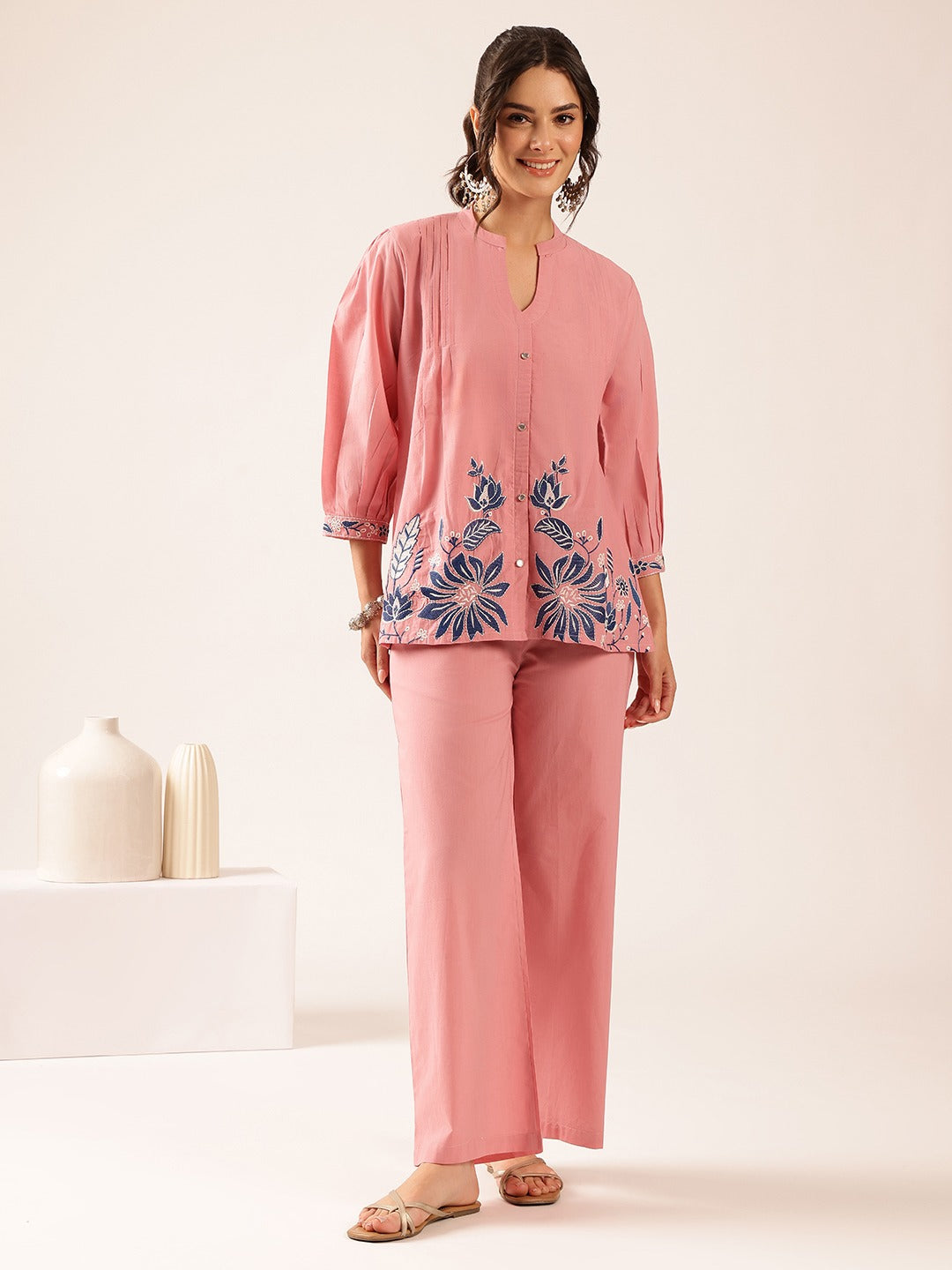 Women’s Blush Pink Floral Printed Co-Ord Set | Embroidered Top