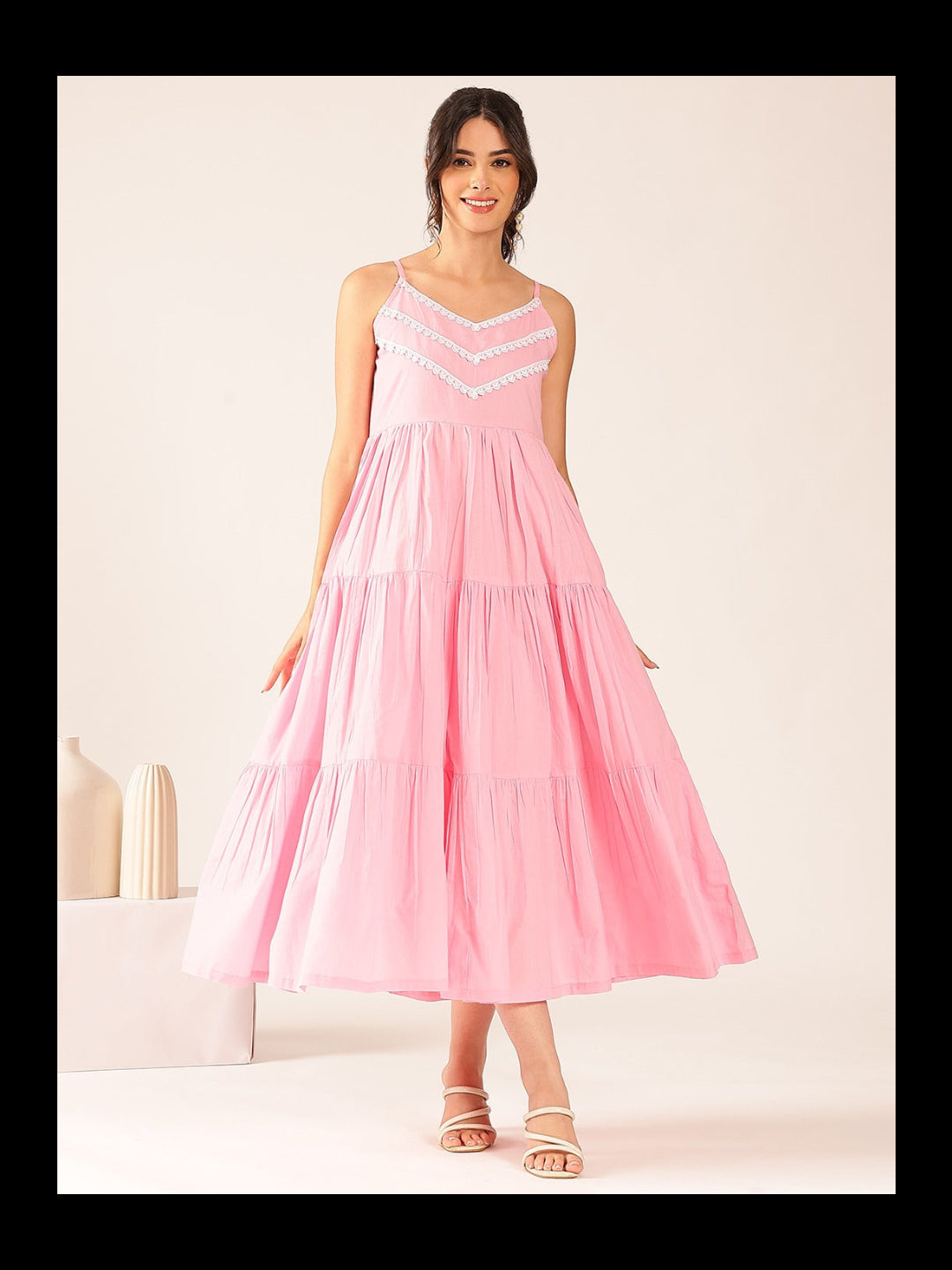 Pink Mul Cotton Tiered Maxi Dress with Inner