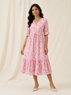 Pink Floral Cotton Middy Dress