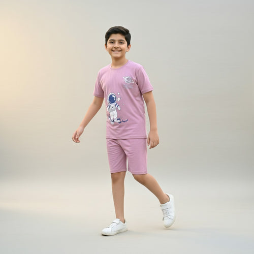 Boys Dusty Pink Space Printed Co-ord Set – T-Shirt & Shorts Set