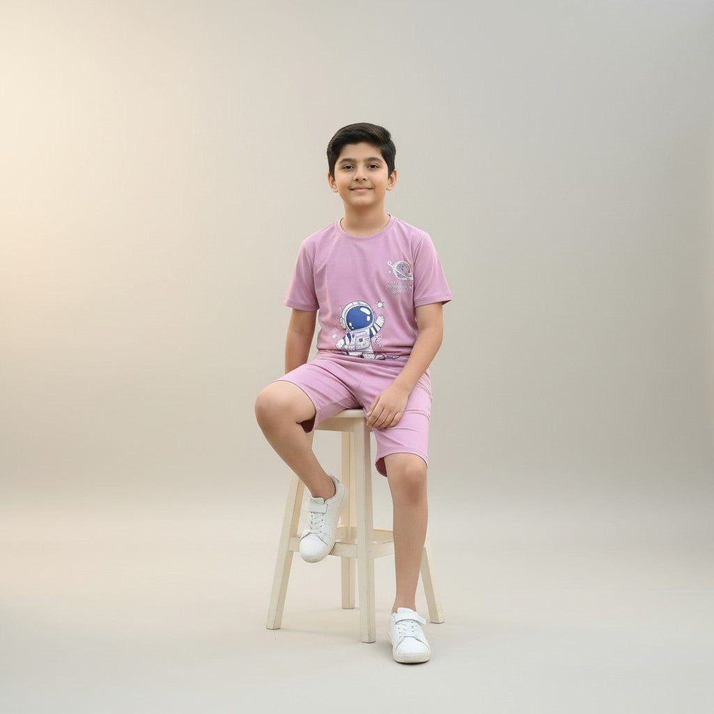 Boys Dusty Pink Space Printed Co-ord Set – T-Shirt & Shorts Set