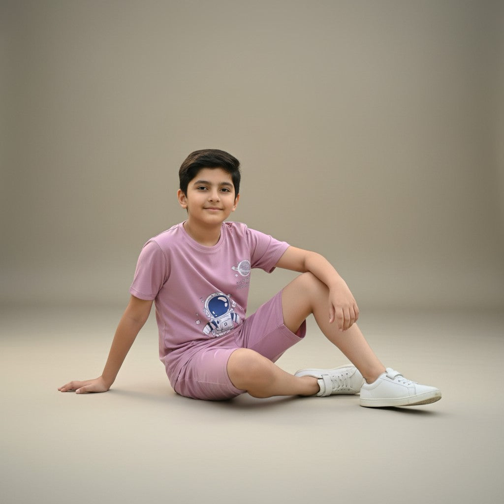 Boys Dusty Pink Space Printed Co-ord Set – T-Shirt & Shorts Set