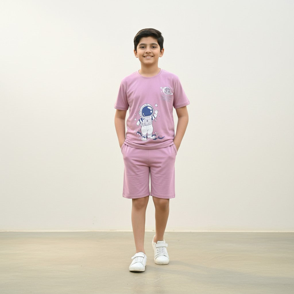 Boys Dusty Pink Space Printed Co-ord Set – T-Shirt & Shorts Set