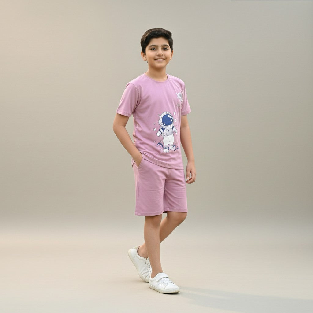 Boys Dusty Pink Space Printed Co-ord Set – T-Shirt & Shorts Set