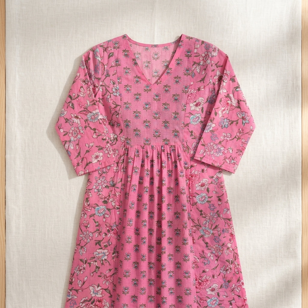 Women’s Pink Floral Cotton Kurti | V-Neck A-Line Kurta