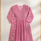 Women’s Pink Floral Cotton Kurti | V-Neck A-Line Kurta