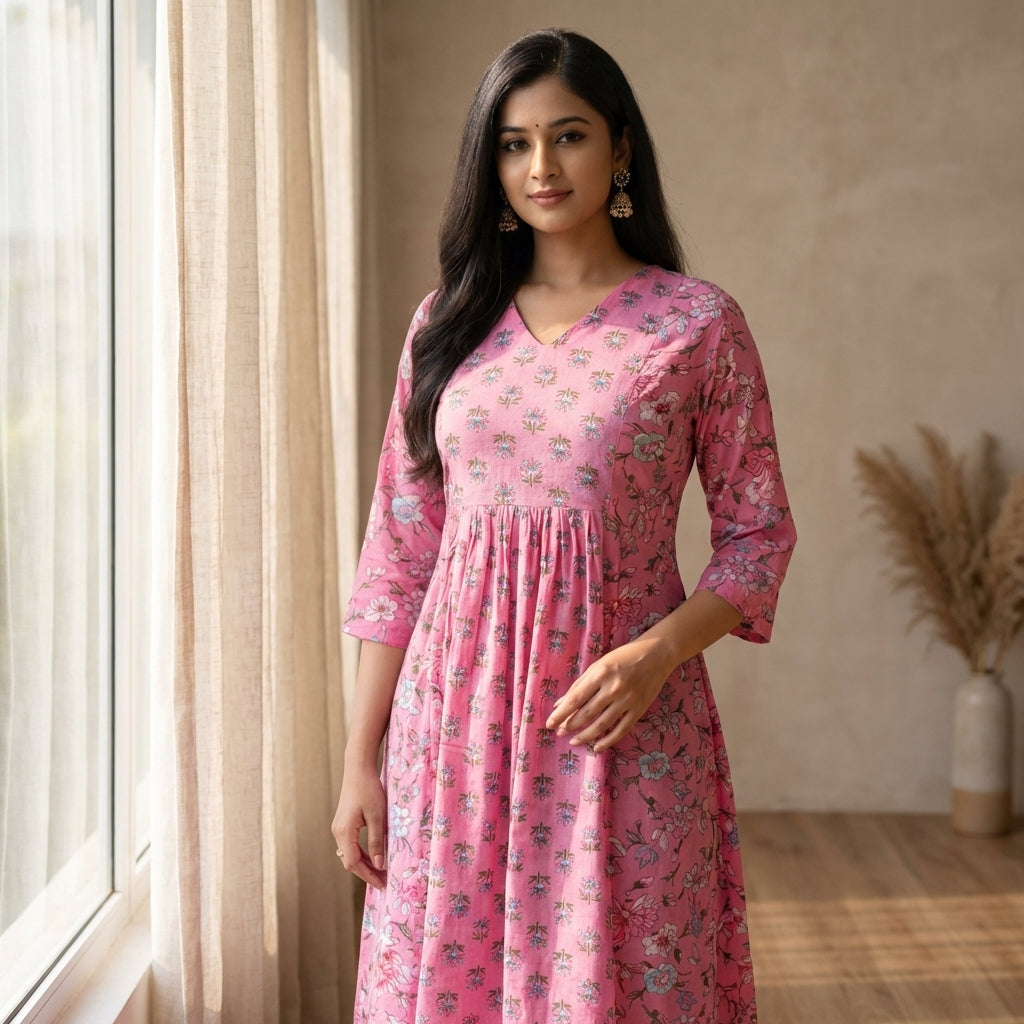 Women’s Pink Floral Cotton Kurti | V-Neck A-Line Kurta