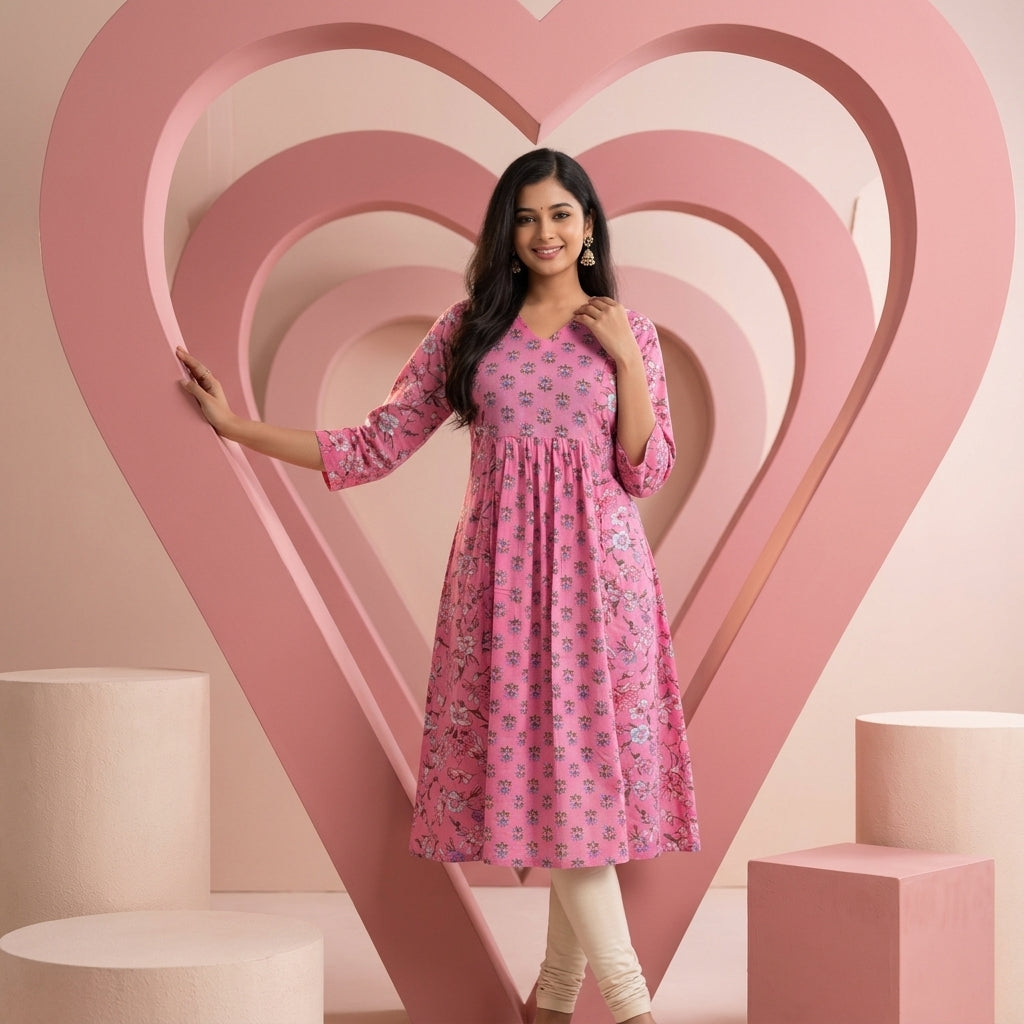 Women’s Pink Floral Cotton Kurti | V-Neck A-Line Kurta