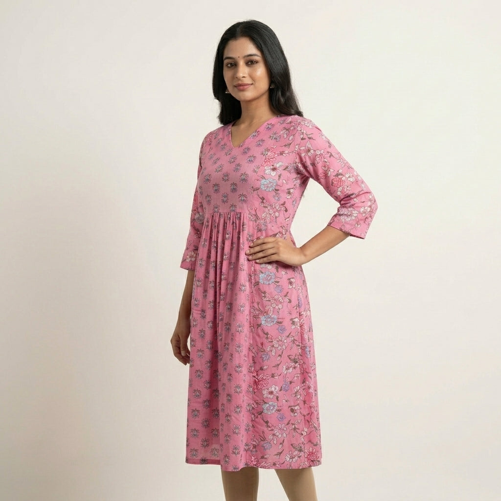Women’s Pink Floral Cotton Kurti | V-Neck A-Line Kurta