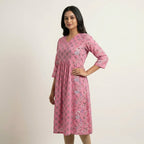 Women’s Pink Floral Cotton Kurti | V-Neck A-Line Kurta