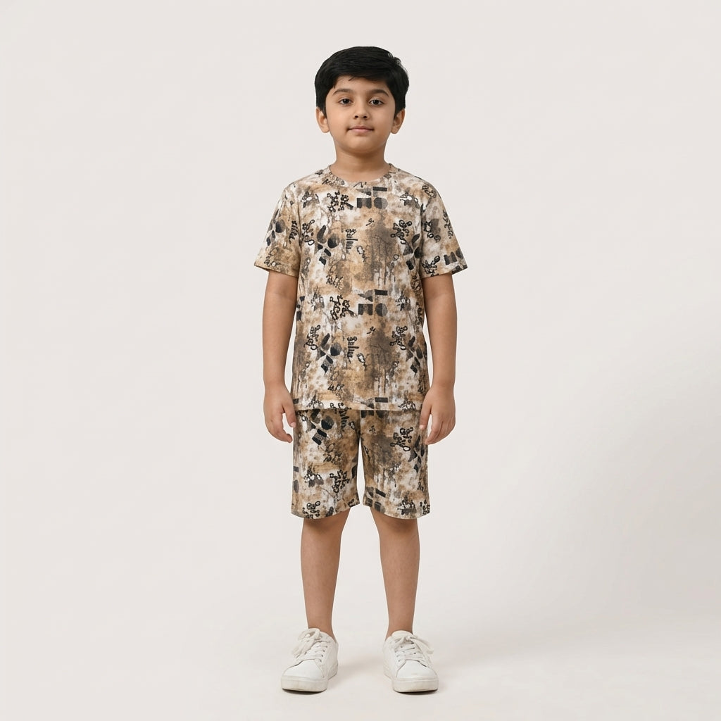 Boys Printed Playtime Co-ord Set – Beige Abstract Design