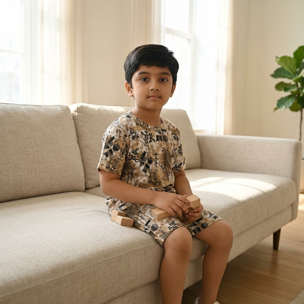 Boys Printed Playtime Co-ord Set – Beige Abstract Design