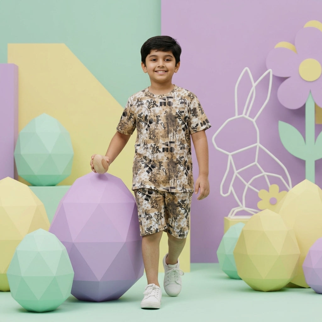 Boys Printed Playtime Co-ord Set – Beige Abstract Design
