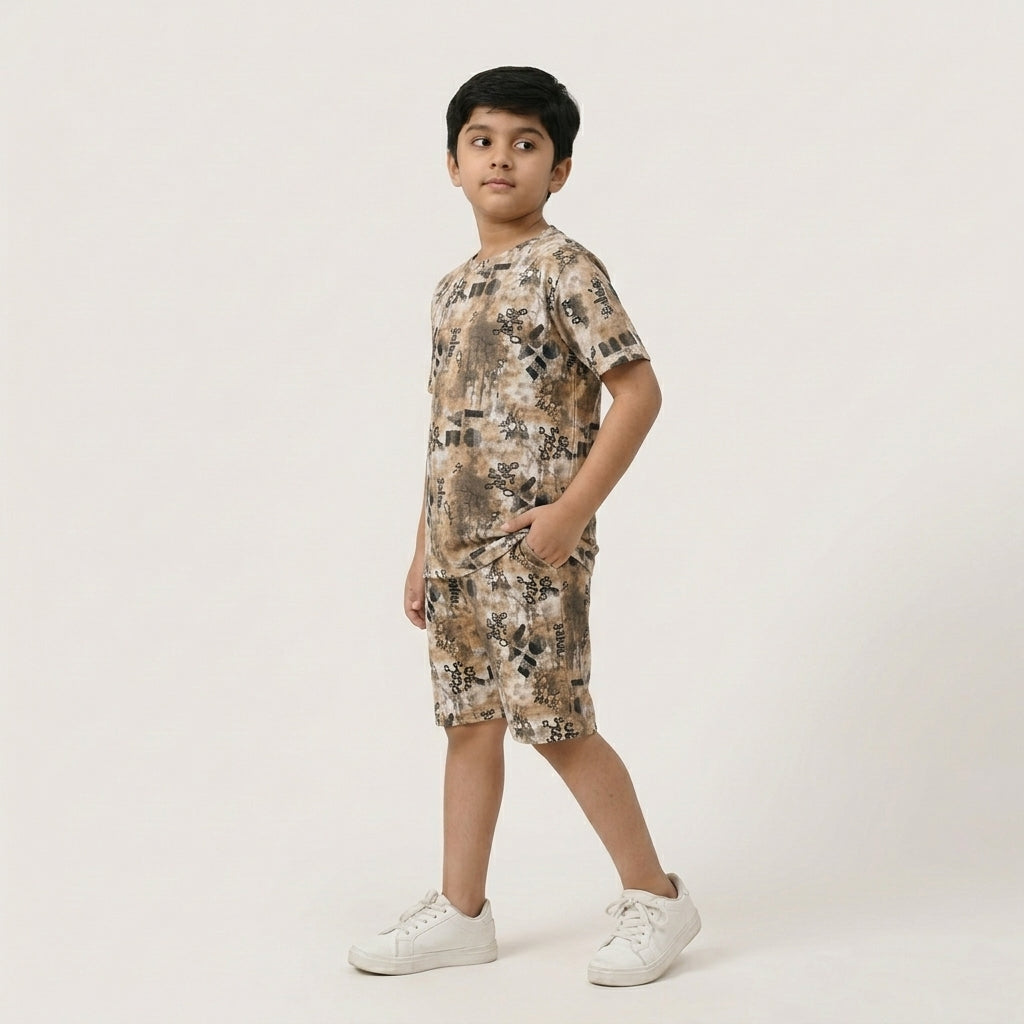 Boys Printed Playtime Co-ord Set – Beige Abstract Design